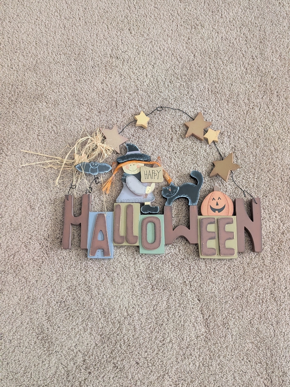 Wooden Halloween Hanging Sign - Pastel Pumpkin, Black Cat, Witch